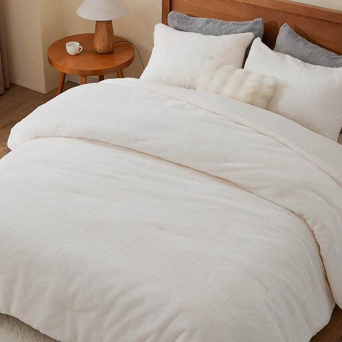 BEDELITE Faux Fur Fleece Queen Comforter Set - Fluffy & Warm Cream White Comforter Queen Size，Ultra Soft and Cozy Winter Bedding Set,Fuzzy Thick Bed Set,1 Comforter and 2 Pillowcases