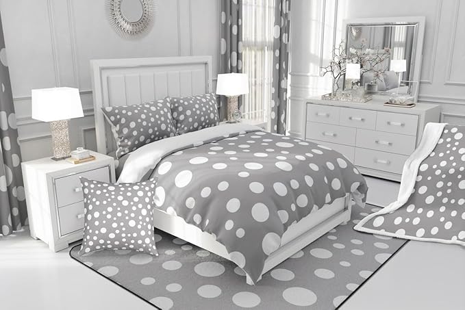 Manfei White Polka Dots Comforter Set Full Size,French Style Cute Dots Print Bedding Set for Child Young,Simple Gray White Geometric Circles Comforter,3 Pcs 2 Pillowcases