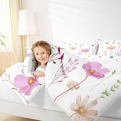 Erosebridal Watercolor Flower Comforter Set Queen, Pink Beige Floral Bedding Set for Kids Teens Adult Women Bedroom, Modern Minimalist White Quilt Branches Pastoral Duvet Insert with 2 Pillow Cases