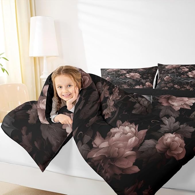 Erosebridal Gothic King Comforter Set for Home, Goth Halloween Decor Bedding Set for Kids Teens Women Men Bedroom, Gothic Bat Black Floral Comforter, Vintage Victorian Baroque Quilt, 2 Pillowcases