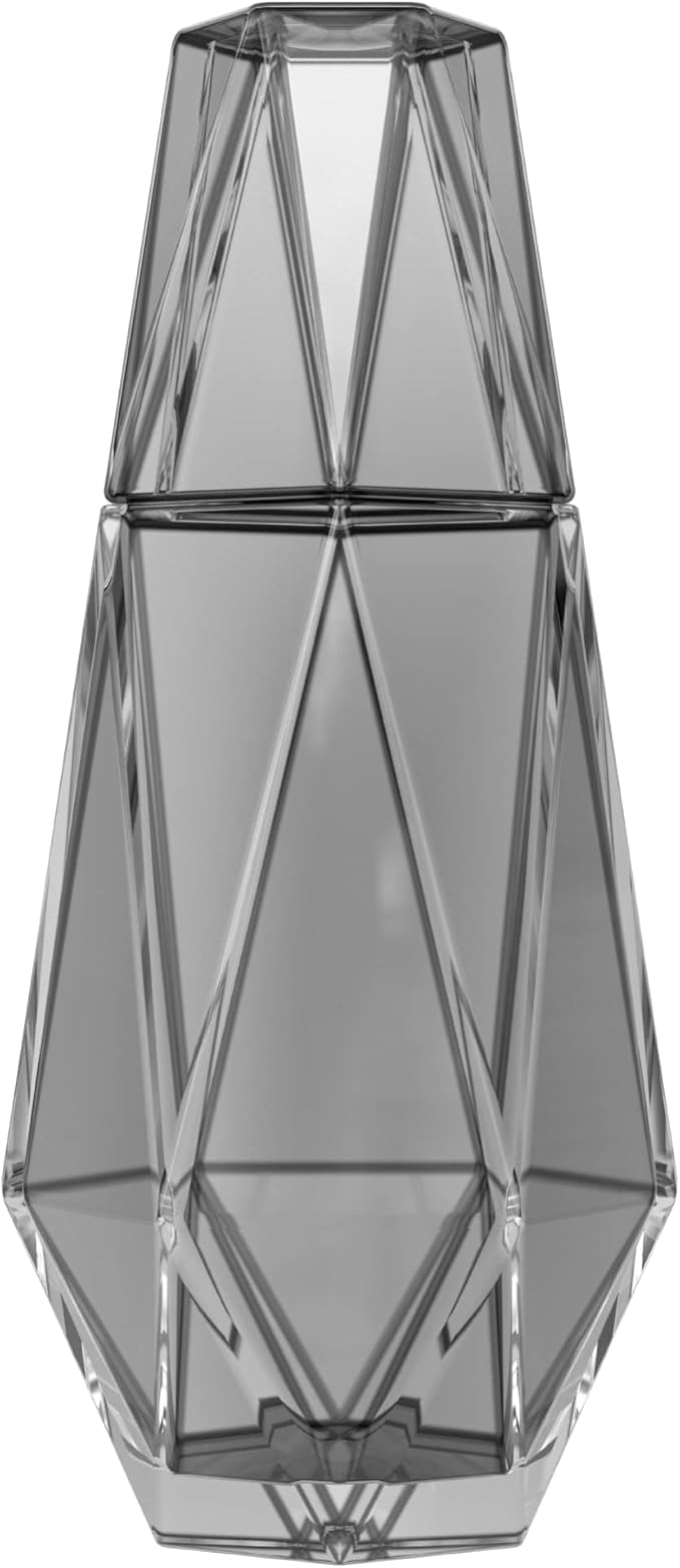 American Atelier 37 oz Modern Geometric Bedside Carafe & Cup Set – 9" Glass Water Carafe with Lid for Nightstand, Office, Guest Room, Hydration, Juice & Mouthwash Storage, Stylish Drinkware (Grey)