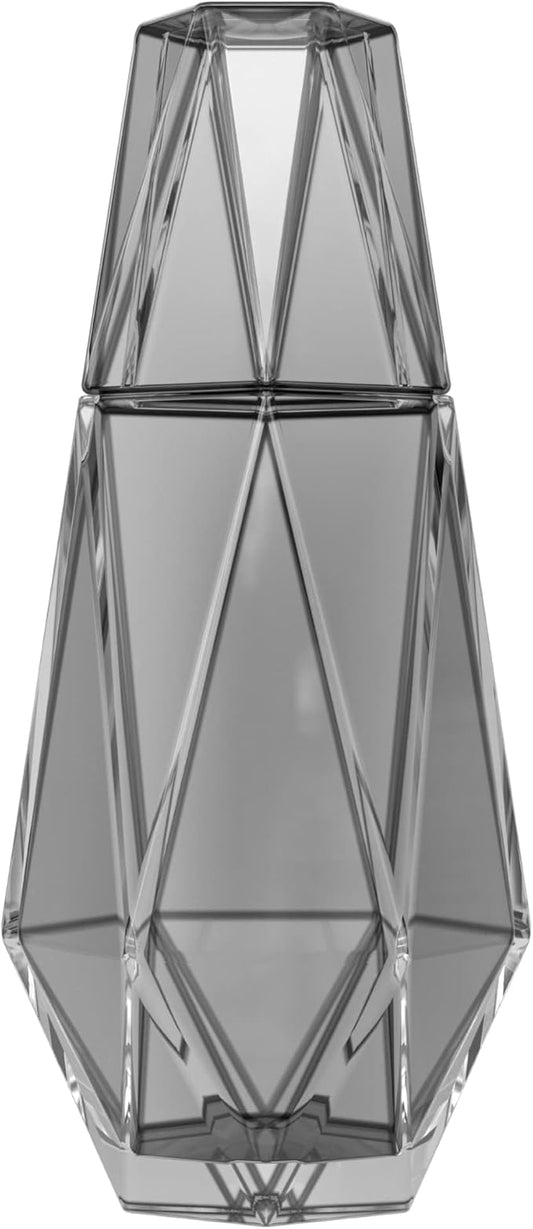 American Atelier 37 oz Modern Geometric Bedside Carafe & Cup Set – 9" Glass Water Carafe with Lid for Nightstand, Office, Guest Room, Hydration, Juice & Mouthwash Storage, Stylish Drinkware (Grey)