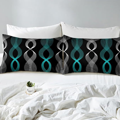 Erosebridal Teal and Black Full Bedding Set for Men, Teal Striped Boho Abstract Comforter Set for Boys Adults, Contemporary Aesthetic Line Comforter, Modern Gradient Geometric Stripes Quilt