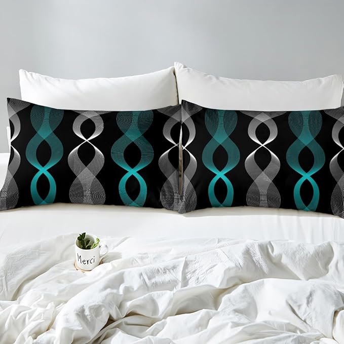 Erosebridal Teal and Black Twin Comforter Set for Men, Teal Striped Boho Abstract Bedding Set for Boys Adults, Contemporary Aesthetic Wavy Line Comforter, Modern Gradient Geometric Stripes Quilt