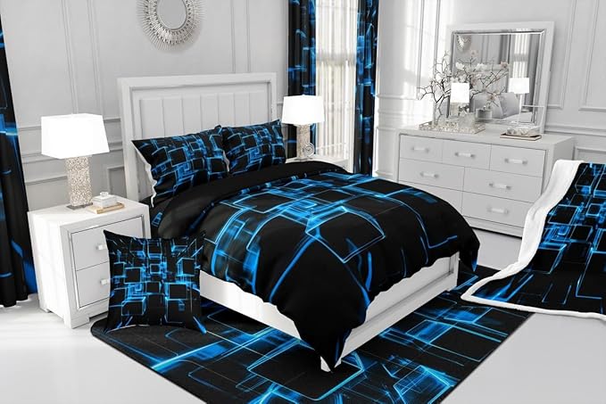 Erosebridal Blue and Black Kids Comforter Set, Modern Geometric Square Bedding for Boys Girls Gradient Neon Light Honeycomb Duvet Insert Abstract Bed Set Queen 3 Pieces