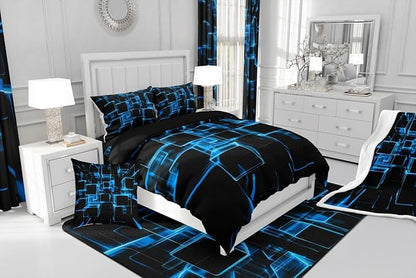 Erosebridal Blue and Black Kids Comforter Set, Modern Geometric Square Bedding for Boys Girls Gradient Neon Light Honeycomb Duvet Insert Abstract Bed Set King 3 Pieces