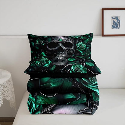 Erosebridal Adults Gothic Comforter Set Bohemian Boho Goth Bedding Full Size Vintage Horror Skull Bed Sets Sage Green Rose Baroque Victorian Romantic Rose Duvet Insert,Halloween Gothic Decor