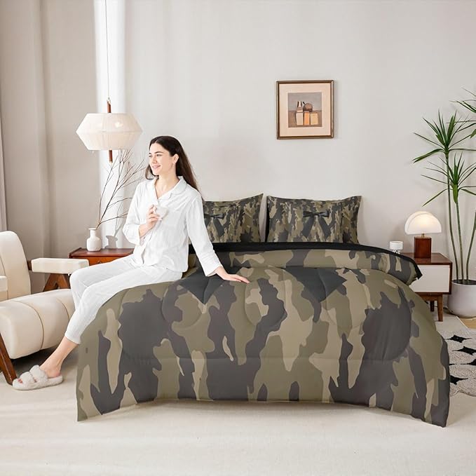 Erosebridal Camo 7 Piece Bedding Set Twin Bowknot Comforter Set with Sheets Bow Hunting Ribbon Army Camouflage Rustic Bed in A Bag Brown Black Bed Sets