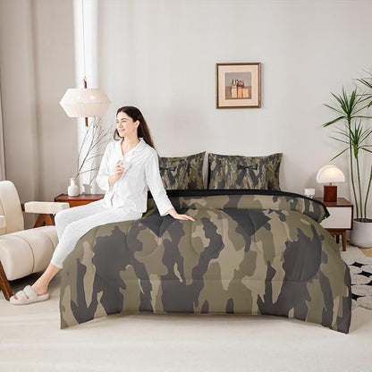 Erosebridal Camo 7 Piece Bedding Set Twin Bowknot Comforter Set with Sheets Bow Hunting Ribbon Army Camouflage Rustic Bed in A Bag Brown Black Bed Sets