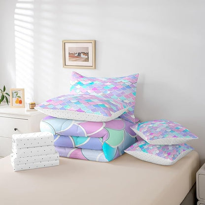 Castle Fairy 7 Pieces Fish Scales Comforter Set for Kids Colorful Bedding Set Queen Size,Romantic Style Comforter for Boys Girls Adult Mermaid Super Soft Fade Resistant Microfiber Bedding