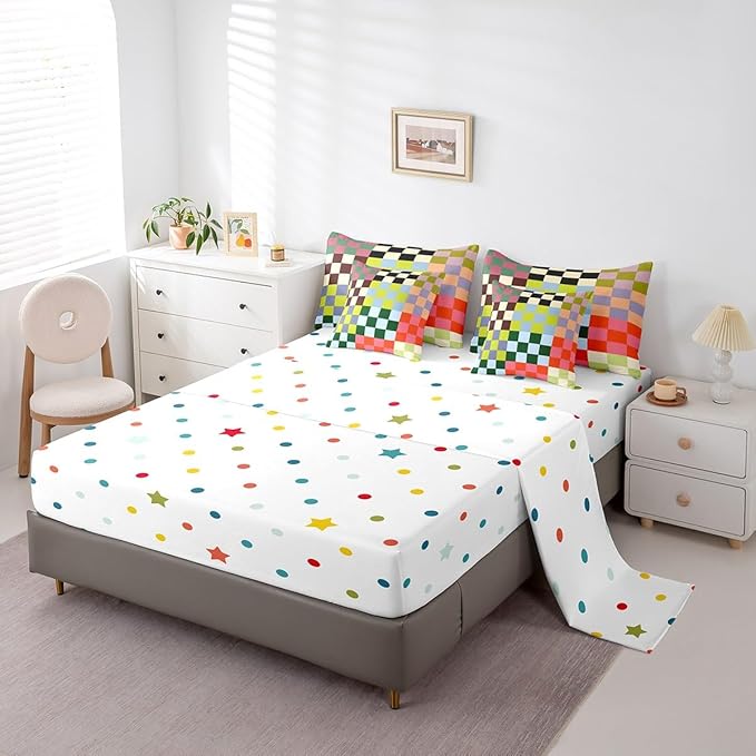 Feelyou Multicolored Checkered Retro 7 Piece Bedding Set Kids Boys Geometric Vintage Comforter Set with Sheets King Size Green Red Yellow Colorful Bed in a Bag Modern Groovy Aesthetic Room Decor