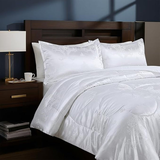 Queen Comforter Set - All Season Bed Comforter Set, 3 Piece Satin Silk Blanket, Luxury White Jacquard Quilt, Soft Bedding Sets With Matching 2 Pillow Shams (Full/Queen, 88x88 inches)