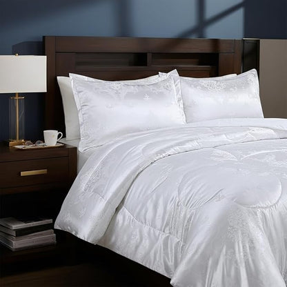 White Comforter, All Season Silk Twin Comforter, Classical Jacquard Lightweight Bedding Comforter Sets, 3 Pieces Ultra Soft Microfiber Quilt Matching 2 Pillow Shams, Twin/Twin XL