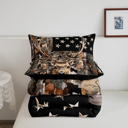 Feelyou Deer Hunting Comforter,Hunter Bedding Set Camo American Flag Comforter Toddler Size for Bedroom Decor,Deer Comforter Set for Boys Teens Girls,Toddler Comforter Set with 1 Pillowcase