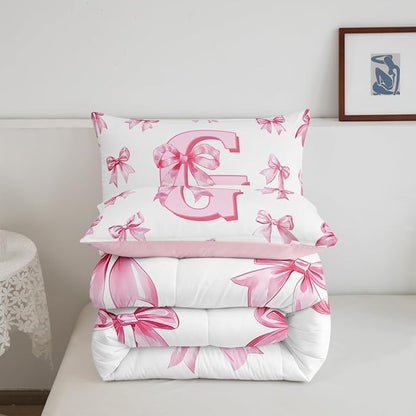 Erosebridal Pink Kawaii Bow Queen Bedding Comforter Sets Initial Letter G Bedding Set for Kids Girls Teen Women,Dreamy Princess Bowknot Comforter Set Monogrammed G Bow Quilt Duvet