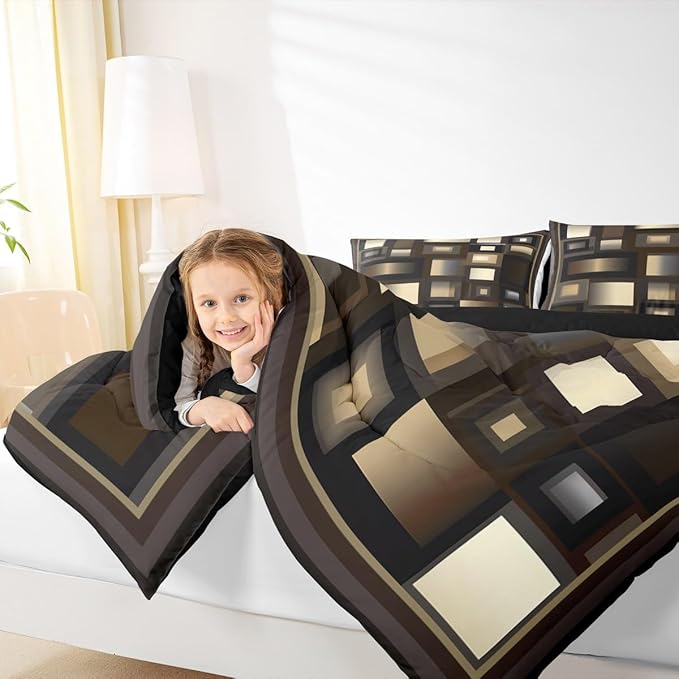 Castle Fairy Geometric Grid Full Size Comforter Set,Brown White and Khaki Bedding Set for Adults Teens,Children Modern Abstract Comforter Luxury Geometric Square Splicing Quilt Set Room Decor 3Pcs