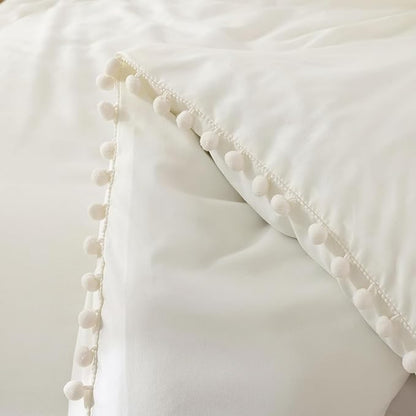 YIRDDEO King Size Comforter Set in Ivory, 3pcs Boho Ball Pom Lightweight Bed Comforter, Soft Solid Color Bedding Comforter Sets for All Seasons (Ivory, King, 104"x90")