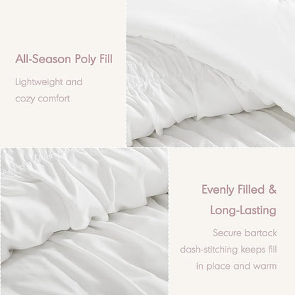 Intelligent Design King Comforter Set Ruched Shabby Chic Comforters for King Size Bed, All Season Lightweight Comforter King, French Country Bedding Set, Shams, Ella, King/Cal King, White, 3 Piece