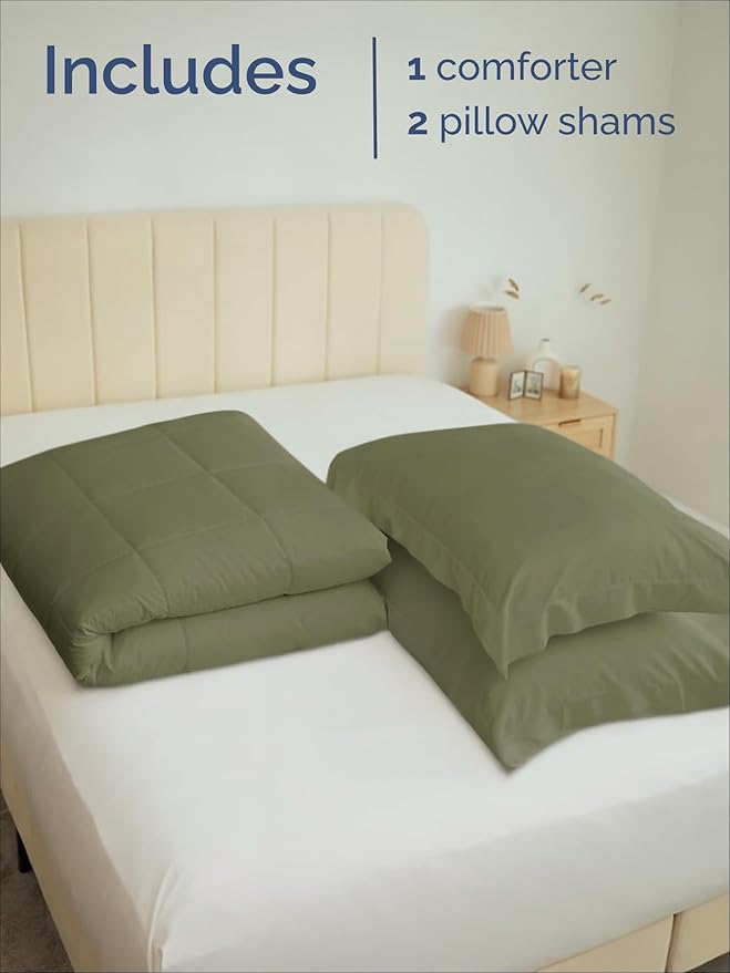 Queen Comforter Set - 3 Piece Bed Set for All Seasons - 1 Soft Quilted Comforter w/ Corner Tabs & 2 Pillow Shams - Comfy & Breathable - Premium Down Duvet Insert - Oeko-TEX - Queen Size, Sage Green