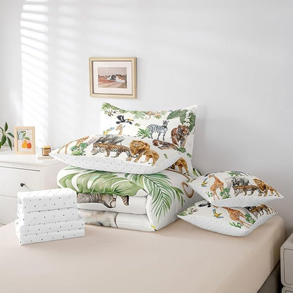 Erosebridal Zoo Animal 7 Piece Bedding Set Full Size,Lion Tiger Monkey Bed in a Bag,Tropical Palm Trees Bed Set Includes Comforter, Sheet Set, Pillowcases & Pillow Covers All Season Bedroom Decor