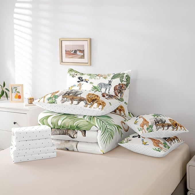 Erosebridal Zoo Animal 7 Piece Bedding Set Queen Size,Lion Tiger Monkey Bed in a Bag,Tropical Palm Trees Bed Set Includes Comforter, Sheet Set, Pillowcases & Pillow Covers All Season Bedroom Decor