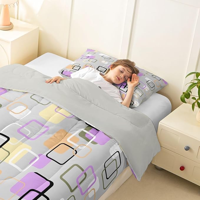 Erosebridal Retro Geometric Square Comforter Set Twin Pastel Purple Grey Plaid Bedding Set Modern Abstract Checkerboard Comforter for Kids Girls Boys Checkered Latticed Quilt Duvet
