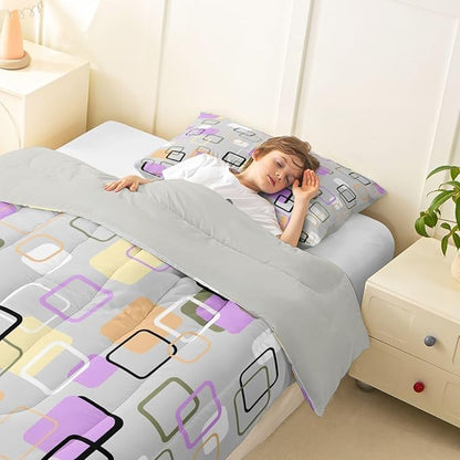 Erosebridal Retro Geometric Square Toddler Comforter Set Pastel Purple Grey Plaid Bedding Set Modern Abstract Checkerboard Comforter for Kids Girls Boys Checkered Latticed Quilt Duvet