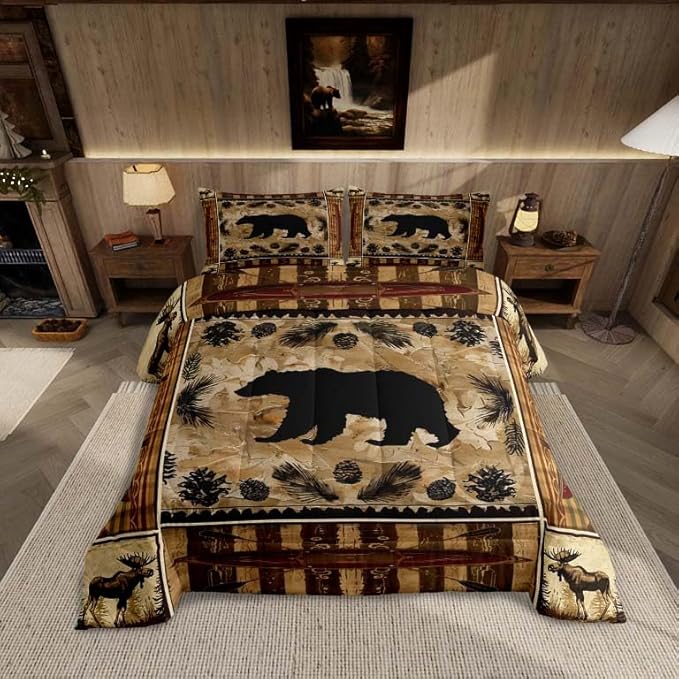 Feelyou Black Bear Comforter Set Full Western Rustic Cabin Decor Bedding Tribal Forest Animals Comforter Elk Wildlife Hunting Down Bear Deer Patchwork Quilt Set Nordic Bedroom Decor