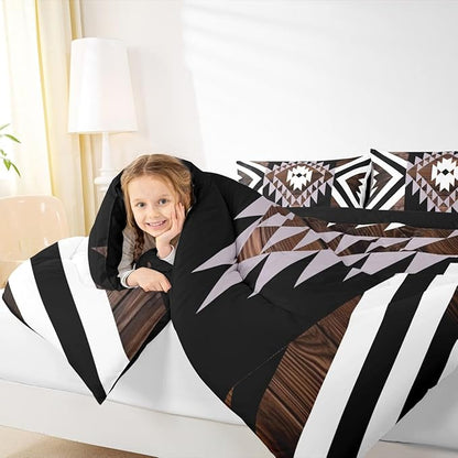 Feelyou Black Brown Rustic Western Bedding Set Queen Size Southwestern Aztec Tribal Comforter Set for Boys Girls Vintage Geometric Duvet Quilt Soft