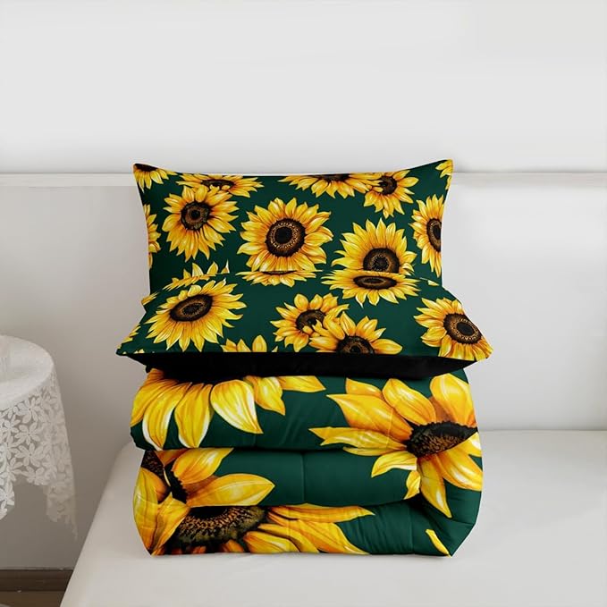 Erosebridal Sunflower Comforter Set King Size 3D Floral Bedding Set for Kids Girls Women Adult Yellow Floral Down Comforter Botanical Flower Print Green Quilt Set Blossom Garden Duvet Set