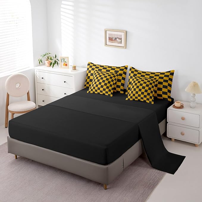 Feelyou Checkered 7 Piece Bedding Set Teen Yellow Black Plaid Comforter Set with Sheets Twin Size Kids Boys Cute Retro Neutral Checkerboard Geometric Bed in a Bag Vintage Aesthetic Room Decor