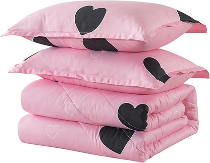 Caressma Girls Pink Comforter Set Twin Size - Blush Pink Cute Love Heart Print Comforter Bedding Set for All Seasons, Geometric Soft Microfiber Comforter Set with Pillowsham