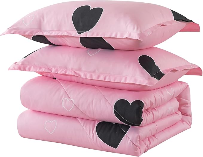 Caressma Love Pattern Girls Pink Comforter Set King Size, Blush Pink Cute Love Heart Sexy Comforter Bedding Set for All Seasons, Soft Microfiber 3 Pieces Comforter Set with Pillowcases