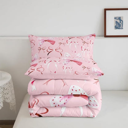 Feelyou Pink Girls Bow Bedding Set Boys Girls Twin Size Bow Comforter Set for Kids Women Men Ultra Soft Cute Bowknot Comforter Lovely Duvet Set
