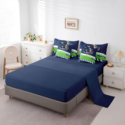 Erosebridal Football City 7 Pcs Comforter Set King Football Bedding Boys Girls Green Blue Rugby Game Sheet Set Bed in A Bag Football Fans Bedroom Decor Sports Ball Competition Quilt