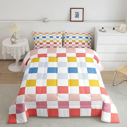 Feelyou Multicolored Checkered Retro Kids Comforter Set Queen Size Geometric Cute Bedding Set Colorful Duvet Quilt for Kids Boys Girls Bedroom Modern Groovy Aesthetic Decor