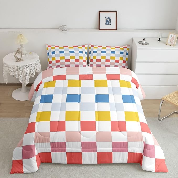 Feelyou Multicolored Checkered Retro Kids Comforter Set Full Size Geometric Cute Bedding Set Colorful Duvet Quilt for Kids Boys Girls Bedroom Modern Groovy Aesthetic Decor