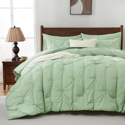 Sheet&Joy Full Size Comforter Set,7-Piece Bed in a Bag Double, Pintuck Bedding Set for All Season, Includes Comforter, Flat Sheet, Fitted Sheet, Pillowcases and Pillowshams, Olive Green