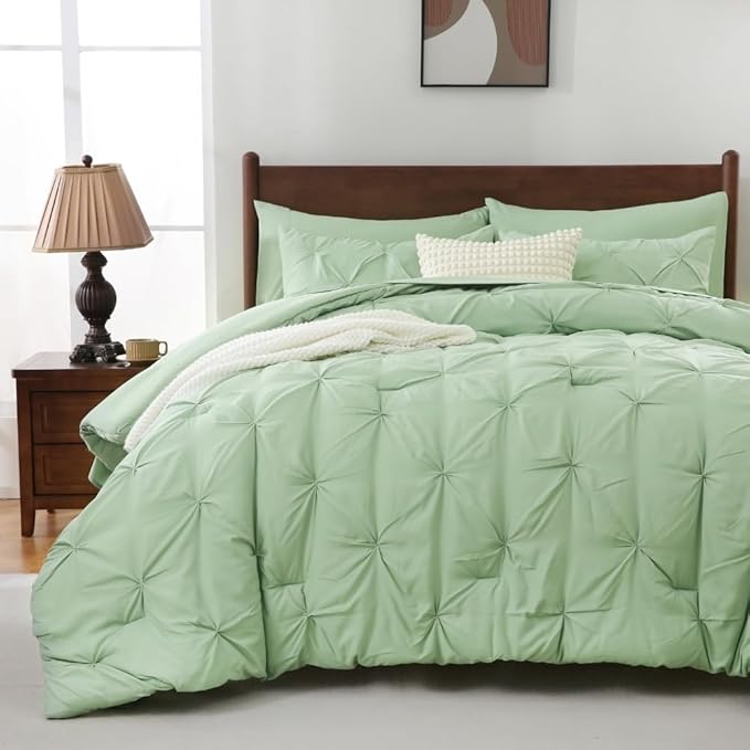 Sheet&Joy Queen Comforter Set, 7-Piece Bed in a Bag, Pintuck Bedding Sets for All Season, Includes Comforter, Flat Sheet, Fitted Sheet, Pillowcases and Pillowshams, Olive Green