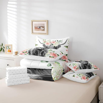 Feelyou Highland Cow Bed in a Bag Kids Rose Floral Bull Cattle Bedding Set Girls Western Comforter Set Queen Size 7 Pieces Farmhouse Bed Set with Comforter, Sheet Set, Pillowcases, Pillow Covers