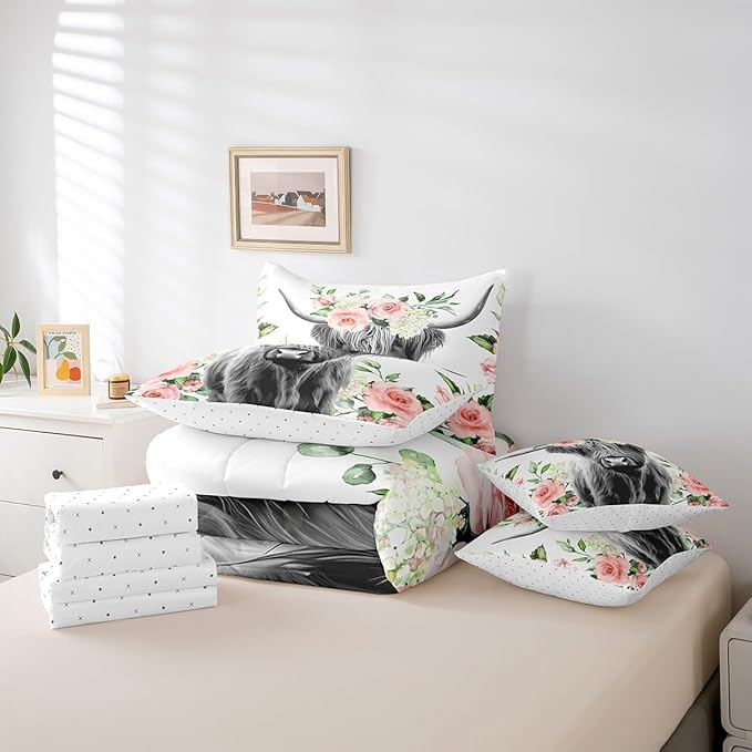 Feelyou Highland Cow Bed in a Bag Kids Rose Floral Bull Cattle Bedding Set Girls Western Comforter Set Full Size 7 Pieces Farmhouse Bed Set with Comforter, Sheet Set, Pillowcases, Pillow Covers