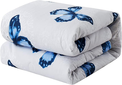 ARTALL Butterfly Pattern Bed in A Bag 6 Piece Bedding Twin Comforter Sets 1 Comforter, 1 Pillow Shams, 1 Flat Sheet, 1 Fitted Sheet, 1 Bed Skirt, 1 Pillowcases,Blue