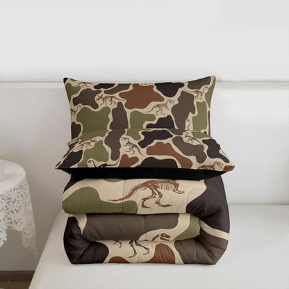 Erosebridal Camo Dino Comforter Set Toddler Size Army Camouflage Bedding Set for Kids Boys Girls Dinosaur Skeleton Farmhouse Green Comforter Boys Vintage Hunting Theme Quilt Bedroom Decor