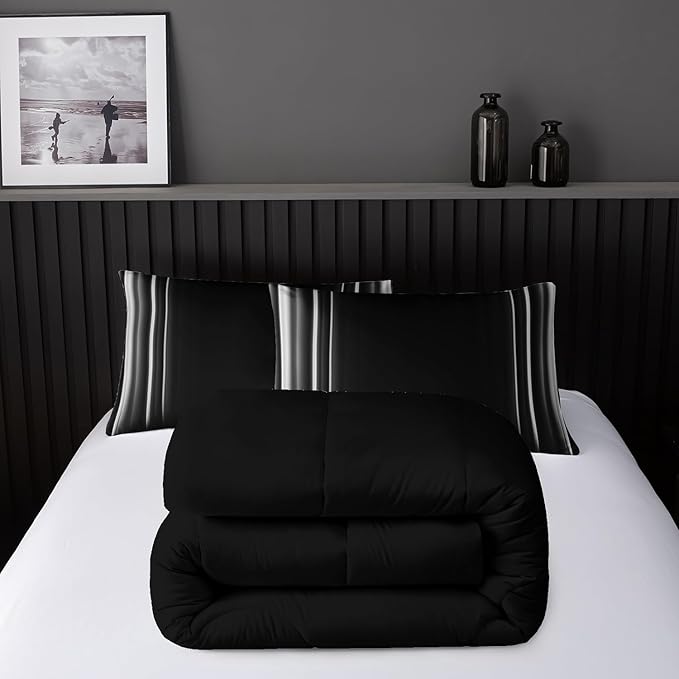 White and Black Bedding Set Full Size Abstract Ombre Comforter Set for Teen Boys, Mordern Bedding Set 3 Piece in A Bag,Dark Quilt Set Mordern Art Decor Lightweight All Seasons with Pillowcases
