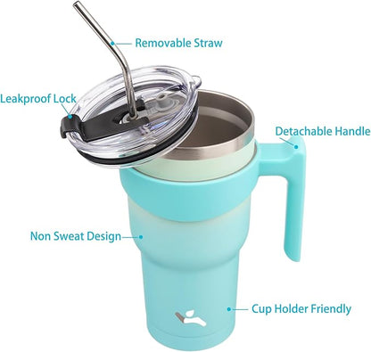 30 oz Tumbler with Handle and 2 Straw 2 Lid, Insulated Water Bottle Stainless Steel Vacuum Cup Reusable Travel Mug, Mint