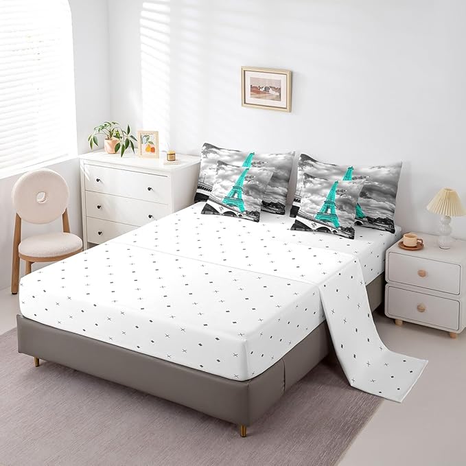 Feelyou Girls Eiffel Tower Comforter Set King Size 7 Pcs Paris Theme Comforter Bed in a Bag Teal Gray Eiffel Tower Bedding Set for Women Teens Romantic Bed Set with Sheets, Pillowcases, Pillow Covers