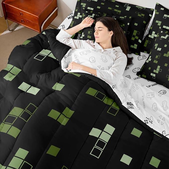 Building Block Games 7Pcs Comforter Set Queen Size,Construction Bedding Set for Kids Boys Teens Room Decor,Army Green Black Video Games Bed in a Bag Cartoon Gamepad Flat Fitted Sheet