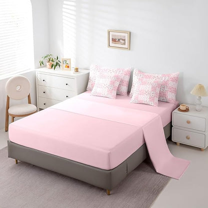Feelyou Pink Bow Comforter Set with Sheets Queen Size Kids Bowknot Plaid 7 Pieces Bedding Set for Boys Girls Teens Gift for Girls Women Grid Bed in a Bag Breathable Princess Décor Bed Set