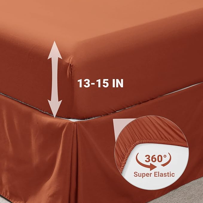 JOLLYVOGUE Burnt Orange Cal King Size Comforter Sets 7 Pieces, Pintuck Bed in a Bag Comforter Set for Bedroom, Bedding Comforter Sets with Comforter, Sheets,Ruffled Shams & Pillowcases
