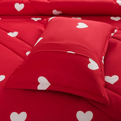 Caressma Love Comforter Set King Size - Cute White Heart Print Red Bedding Comforter 3 Pieces Matching Pillowshams